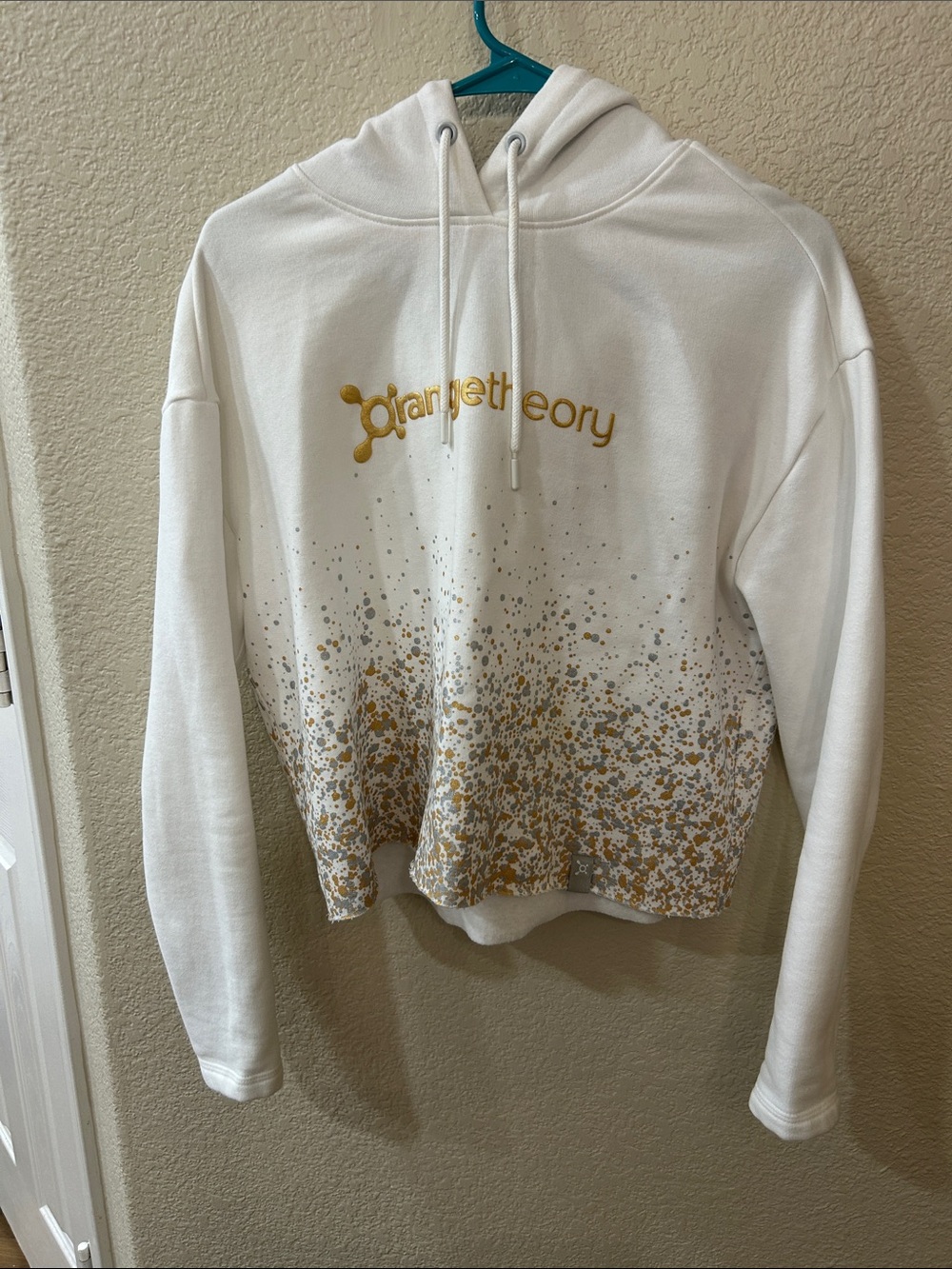 Orangetheory White Cropped Hoodie with Gold and Silver Speckle